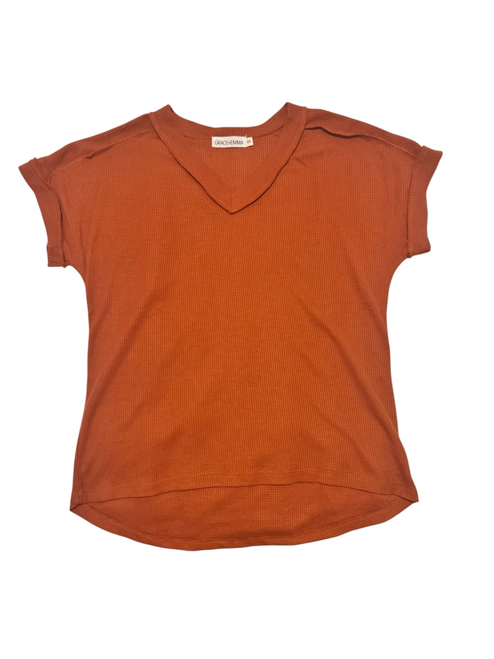 GRACE + EMMA Waffle Knit V-Neck Top in Burnt Orange